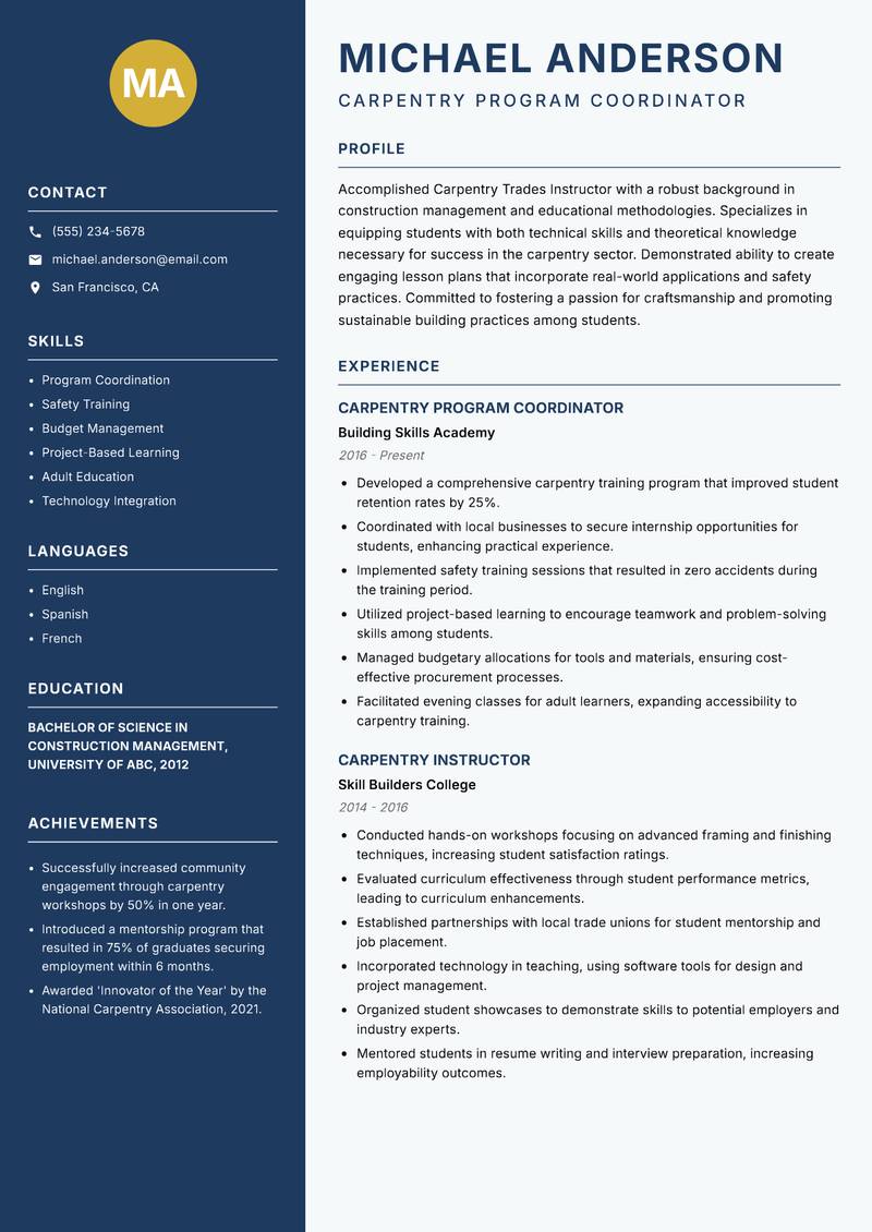 Carpentry Trades Instructor Resume Preview Example