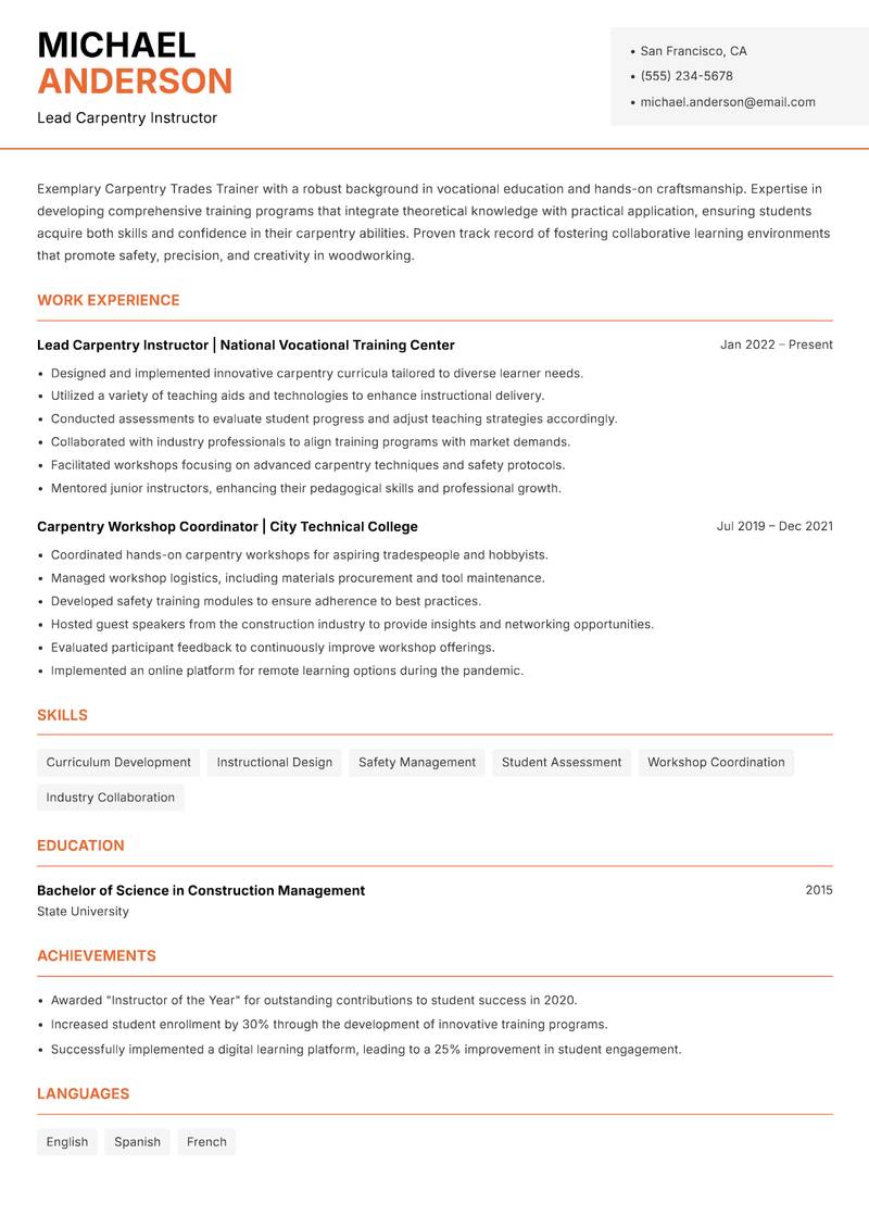 Carpentry Trades Trainer Resume Template