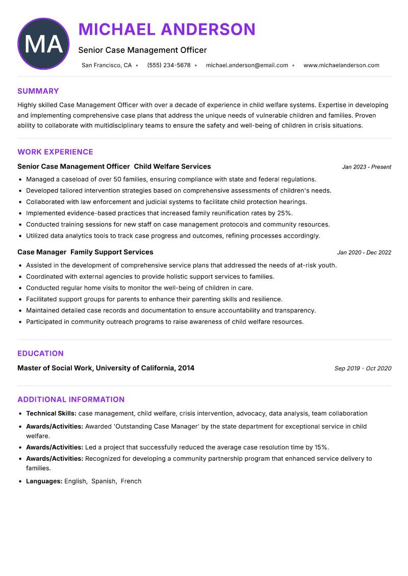 Case Management Officer Child Welfare Resume Preview Example