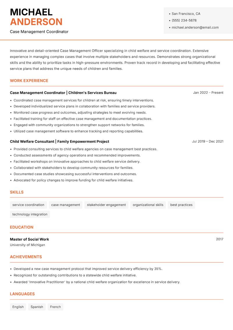 Case Management Officer Child Welfare Resume Template
