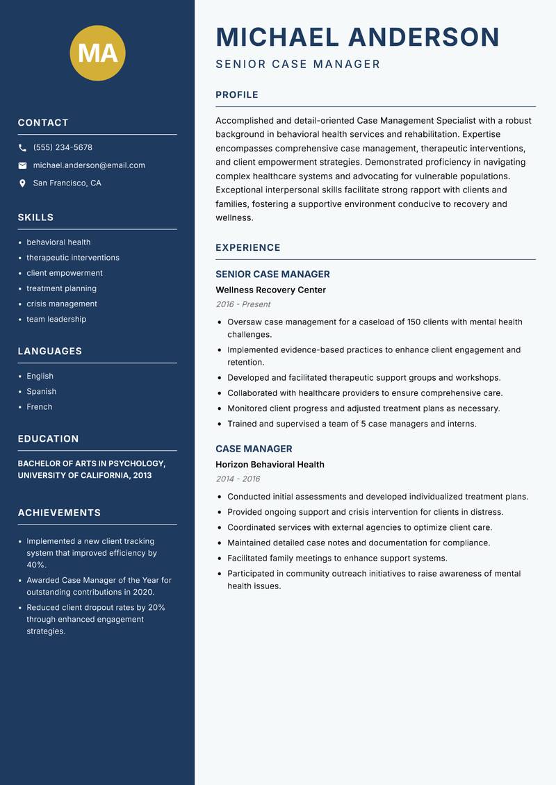 Case Management Specialist Resume Preview Example