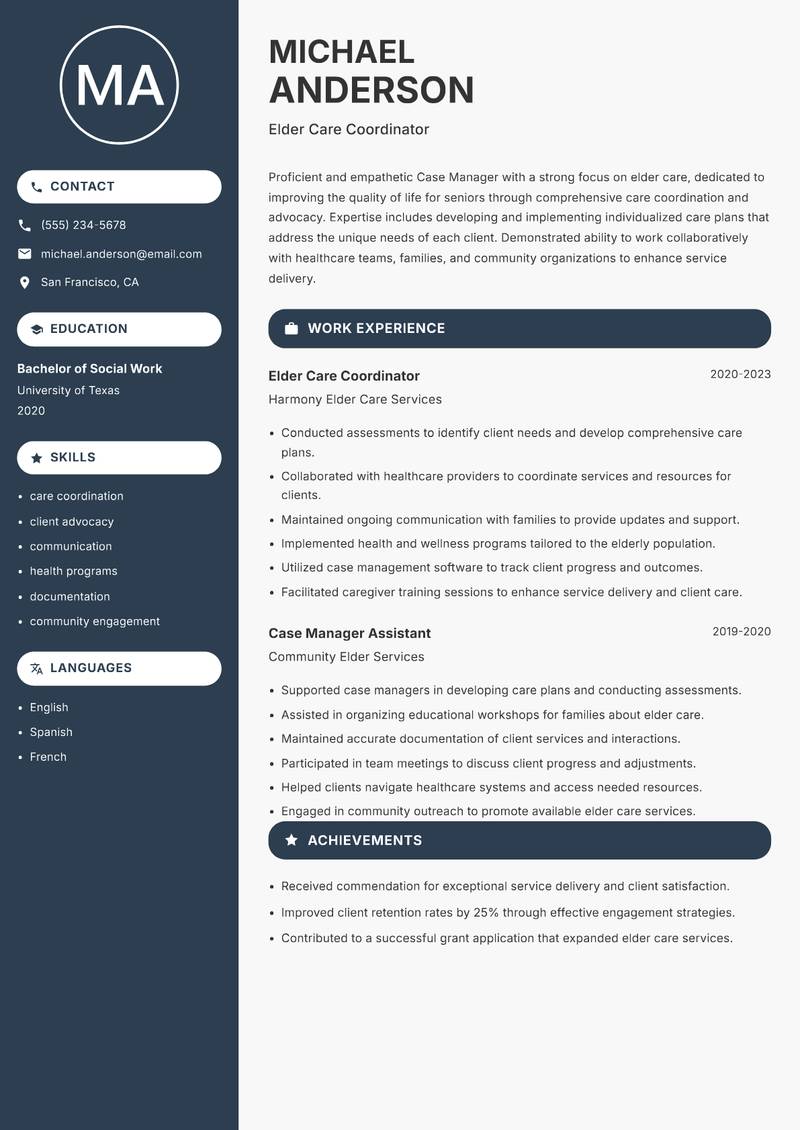Case Manager Elder Care Resume Preview Example