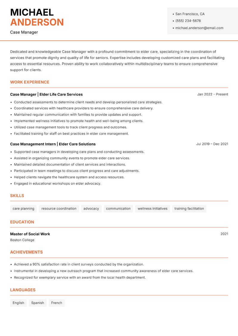 Case Manager Elder Care Resume Template