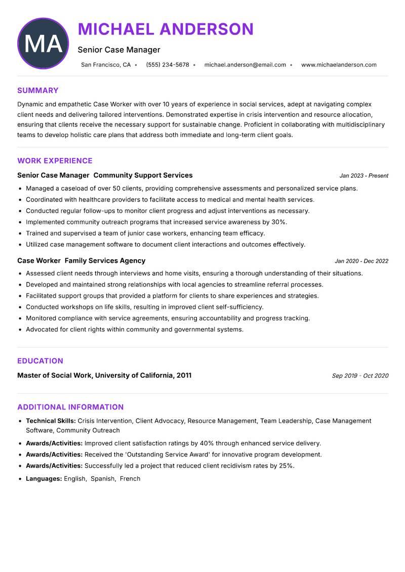 Case Worker Resume Preview Example