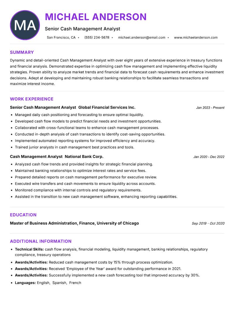 Cash Management Analyst Resume Preview Example