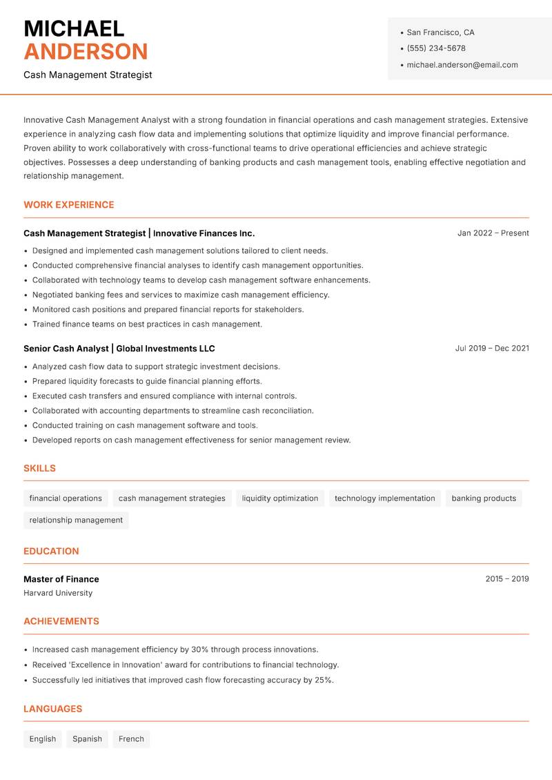 Cash Management Analyst Resume Template