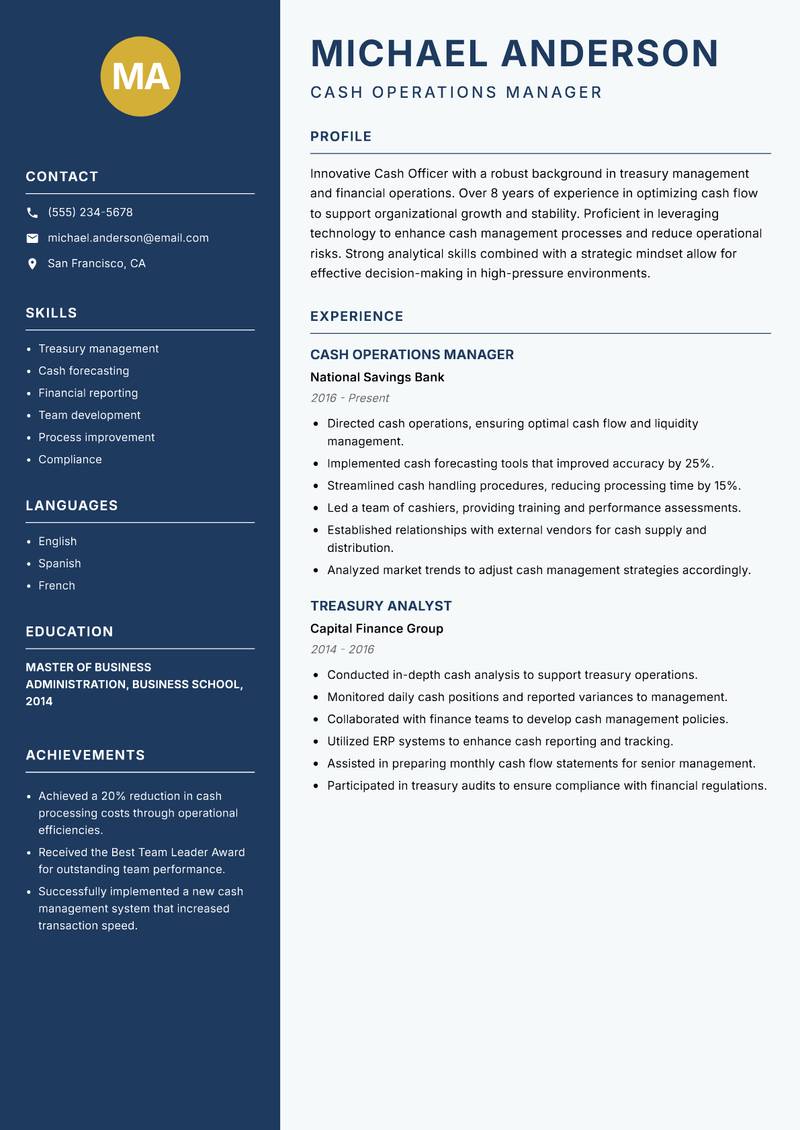 Cash Officer Resume Preview Example