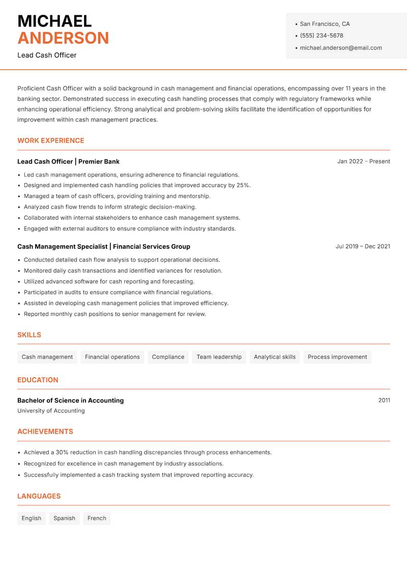 Cash Officer Resume Template