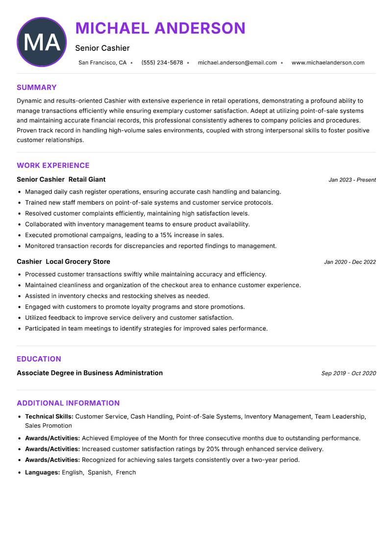 Cashier Resume Preview Example