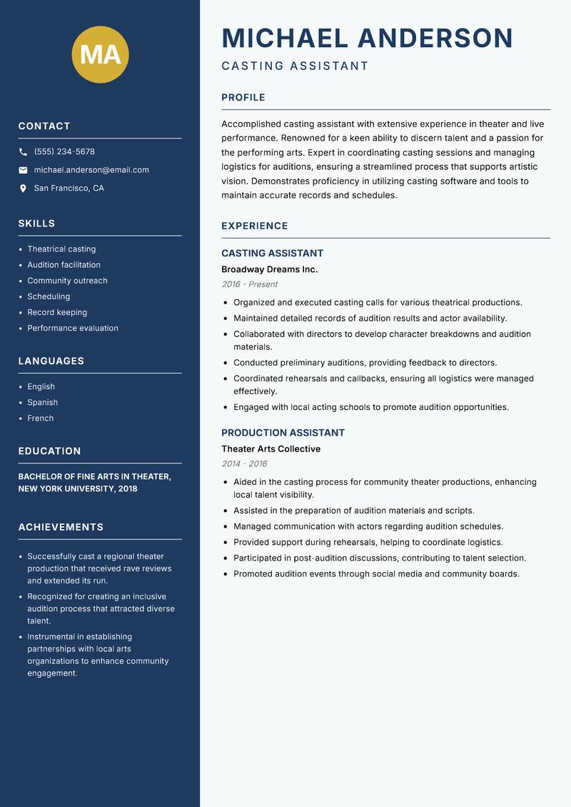 Casting Assistant Resume Preview Example