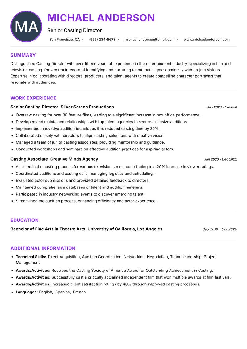 Casting Director Resume Preview Example