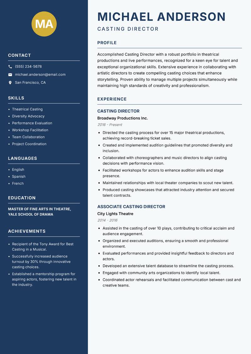 Casting Director Resume Preview Example