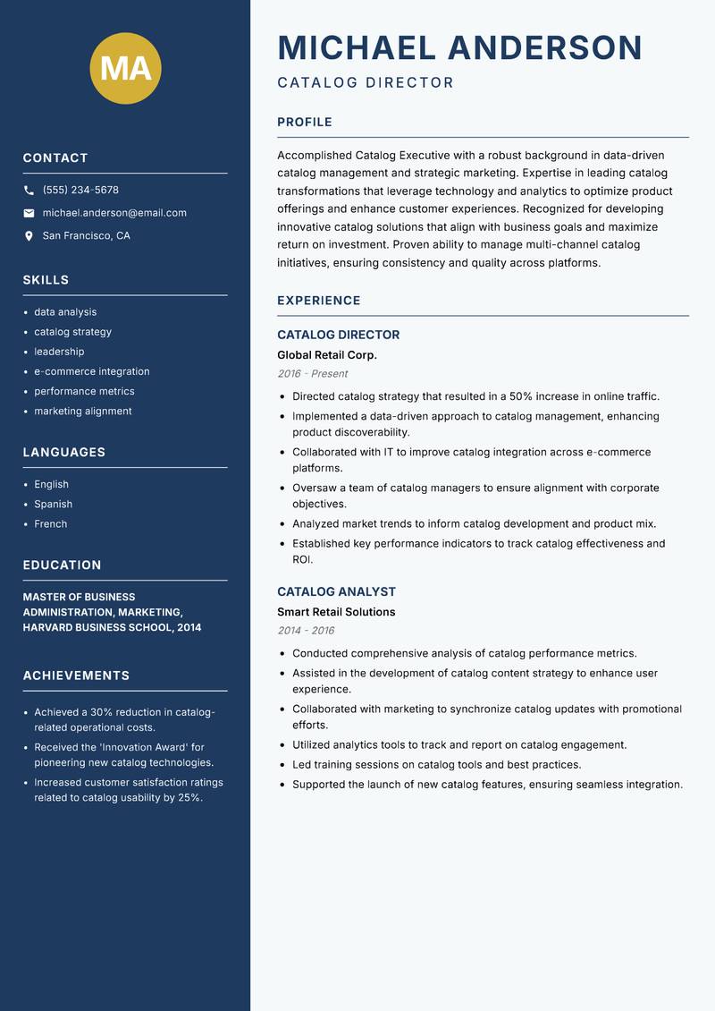 Catalog Executive Resume Preview Example