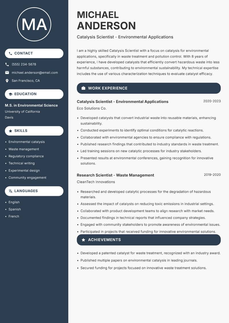Catalysis Scientist Resume Preview Example