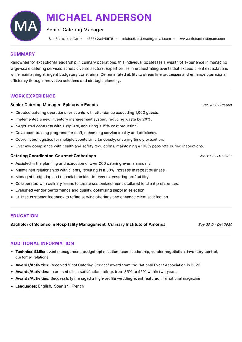 Catering Operations Manager Resume Preview Example