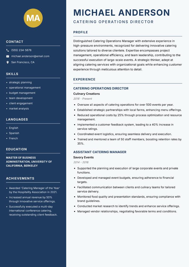 Catering Operations Manager Resume Preview Example