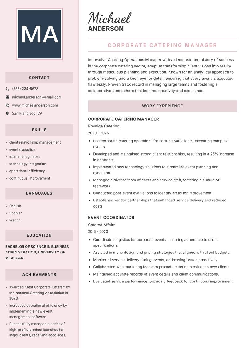 Catering Operations Manager Resume Preview Example
