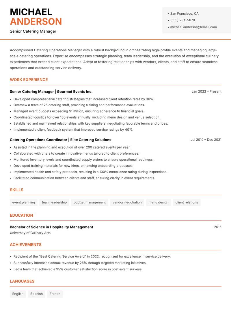 Catering Operations Manager Resume Template