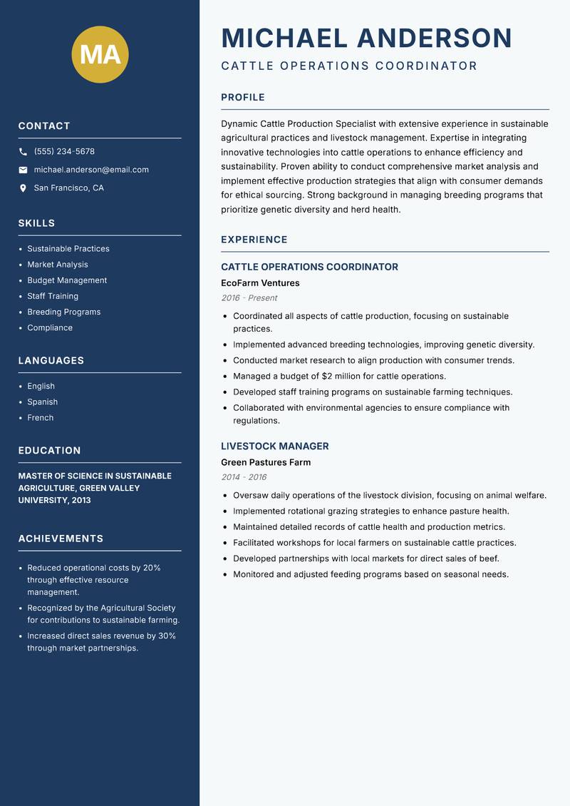 Cattle Production Specialist Resume Preview Example