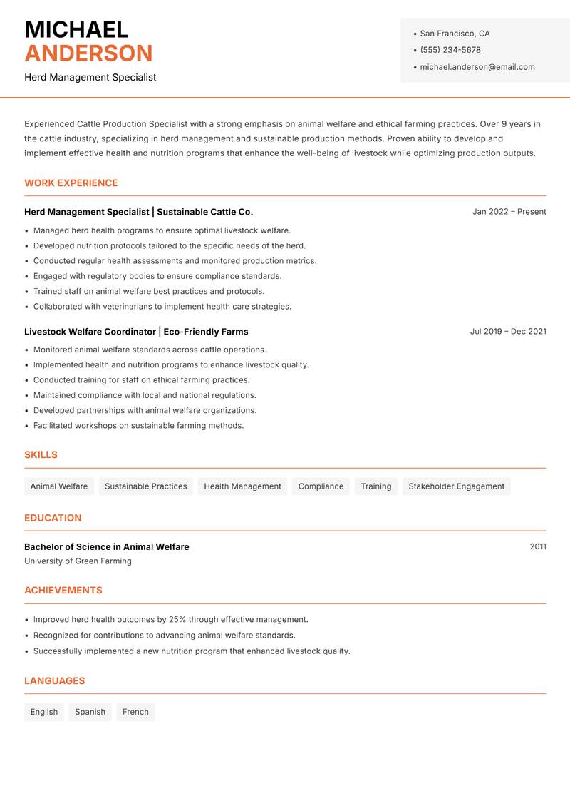 Cattle Production Specialist Resume Template