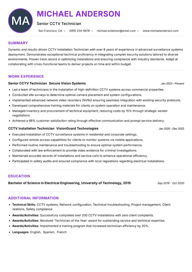 CCTV Installation Technician Resume Preview Example