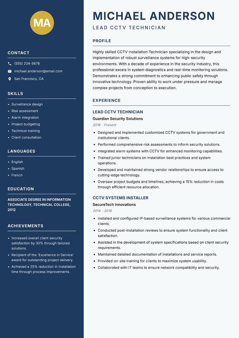 CCTV Installation Technician Resume Preview Example