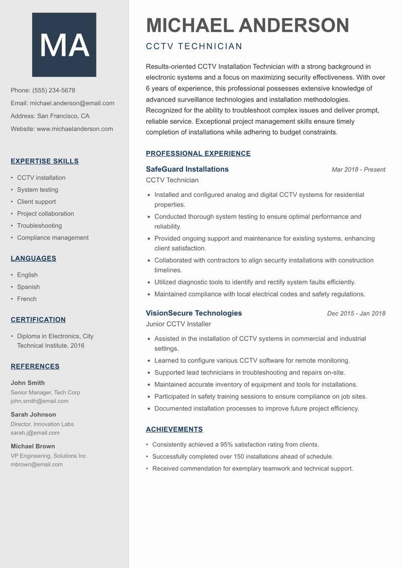 CCTV Installation Technician Resume Preview Example