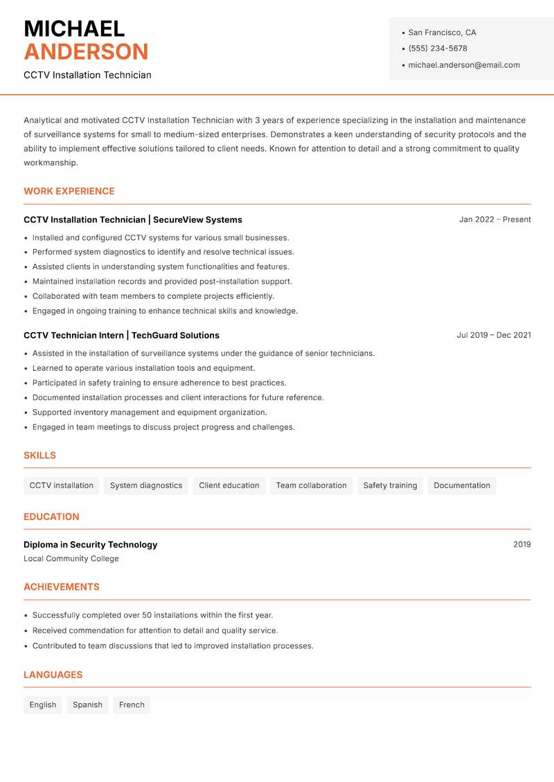 CCTV Installation Technician Resume Template
