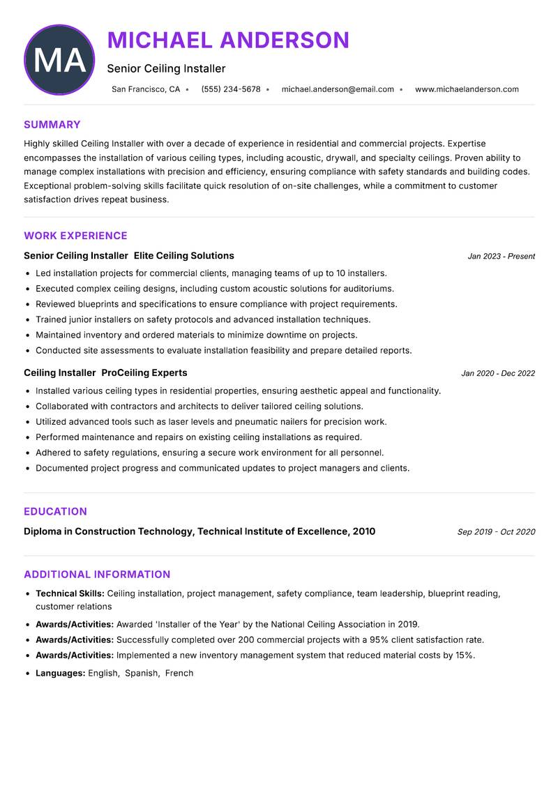 Ceiling Installer Resume Preview Example