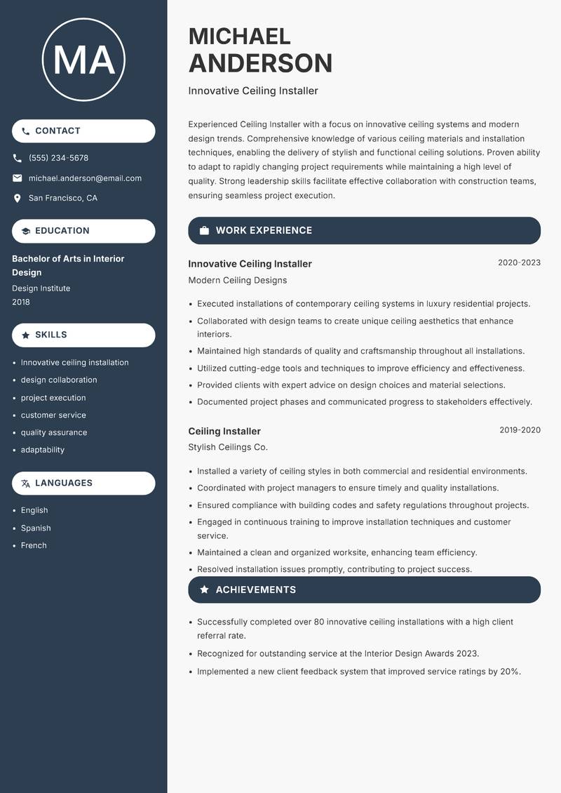 Ceiling Installer Resume Preview Example