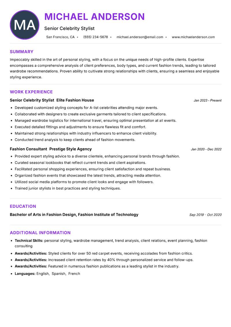 Celebrity Stylist Resume Preview Example