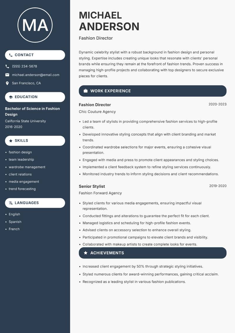 Celebrity Stylist Resume Preview Example