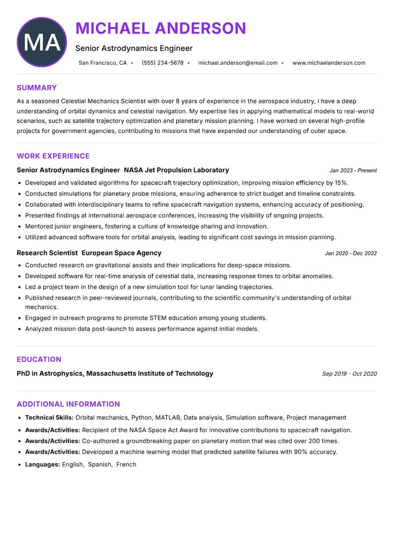 Celestial Mechanics Scientist Resume Preview Example