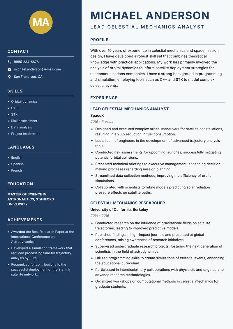 Celestial Mechanics Scientist Resume Preview Example