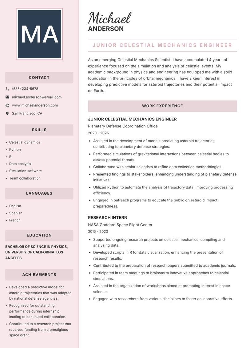 Celestial Mechanics Scientist Resume Preview Example