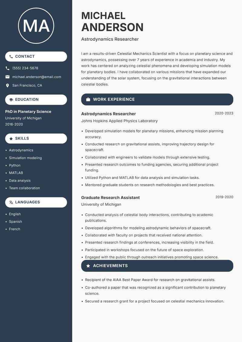 Celestial Mechanics Scientist Resume Preview Example