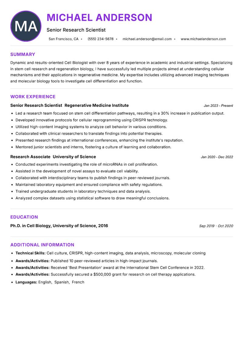 Cell Biologist Resume Preview Example