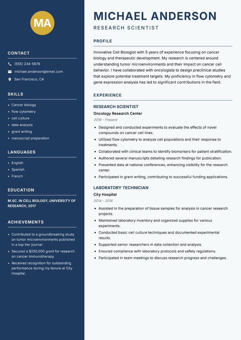 Cell Biologist Resume Preview Example
