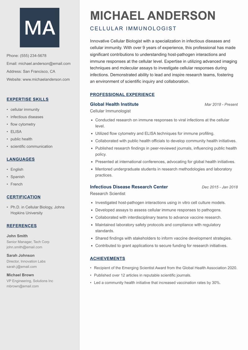 Cellular Biologist Resume Preview Example