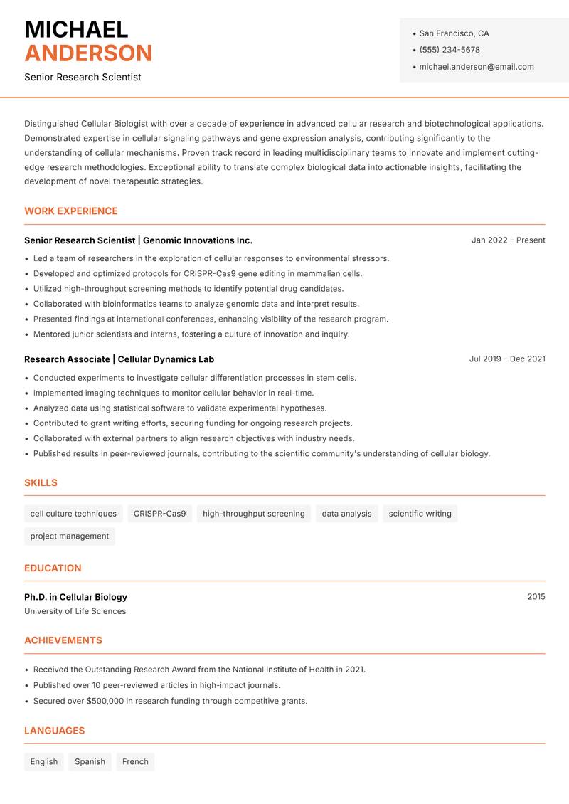 Cellular Biologist Resume Template