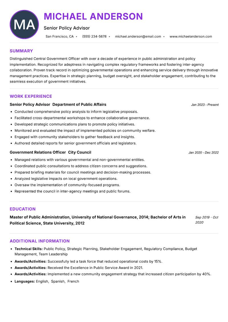 Central Government Officer Resume Preview Example