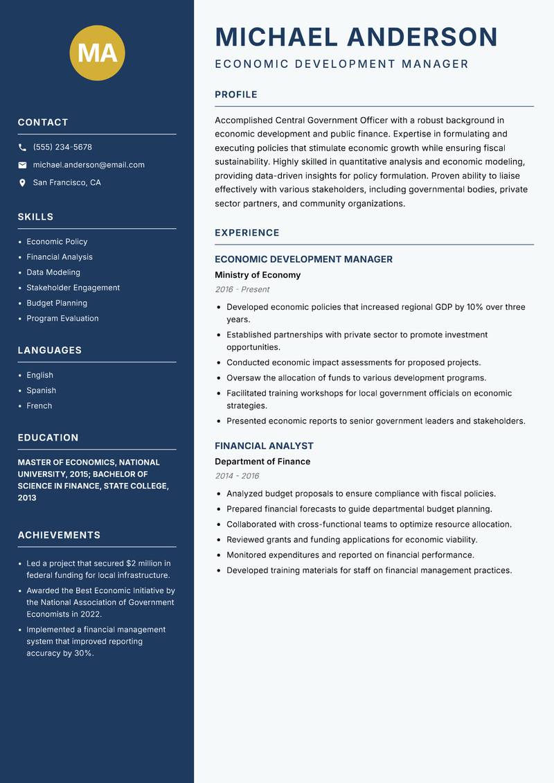 Central Government Officer Resume Preview Example