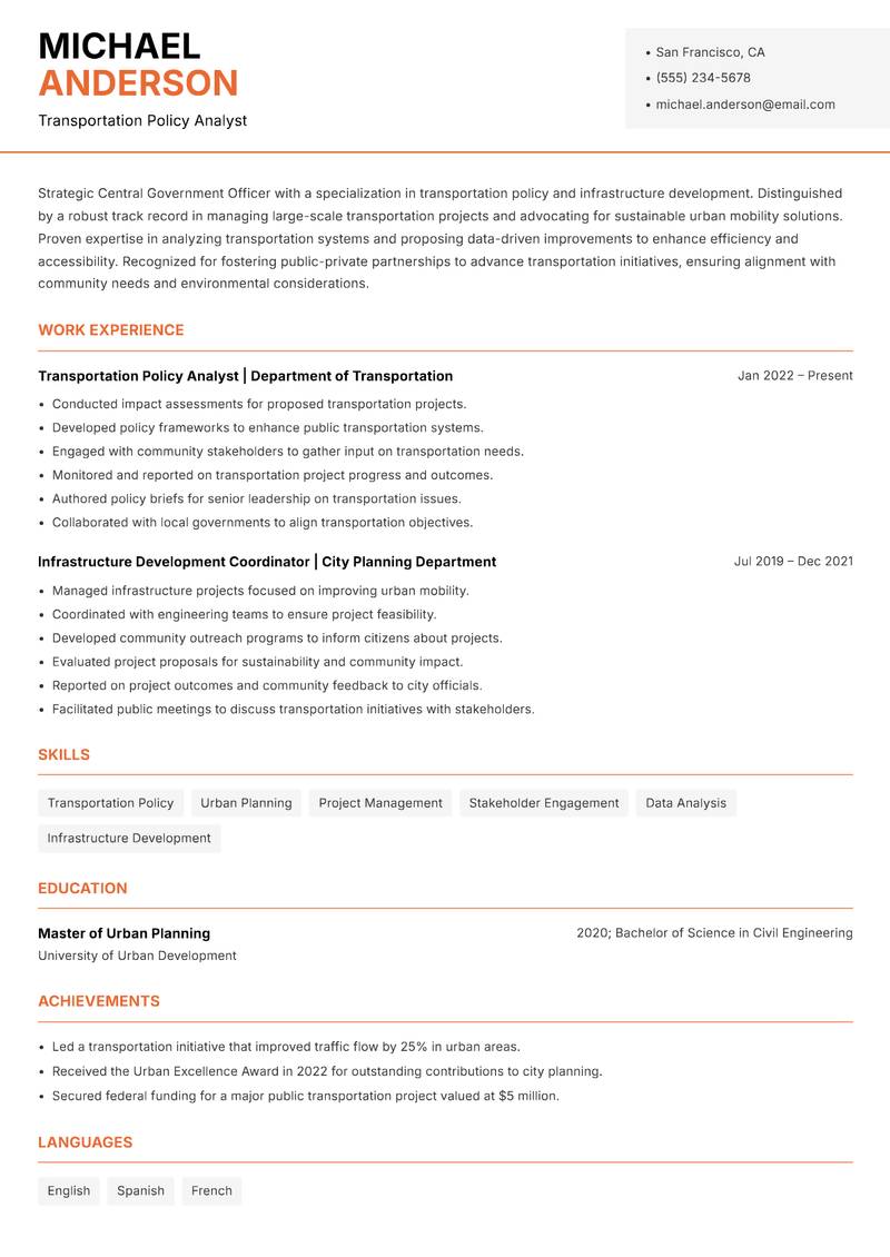 Central Government Officer Resume Template