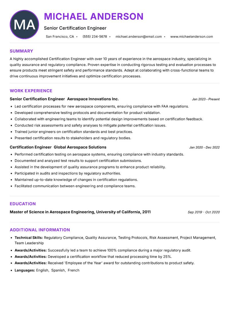 Certification Engineer Resume Preview Example
