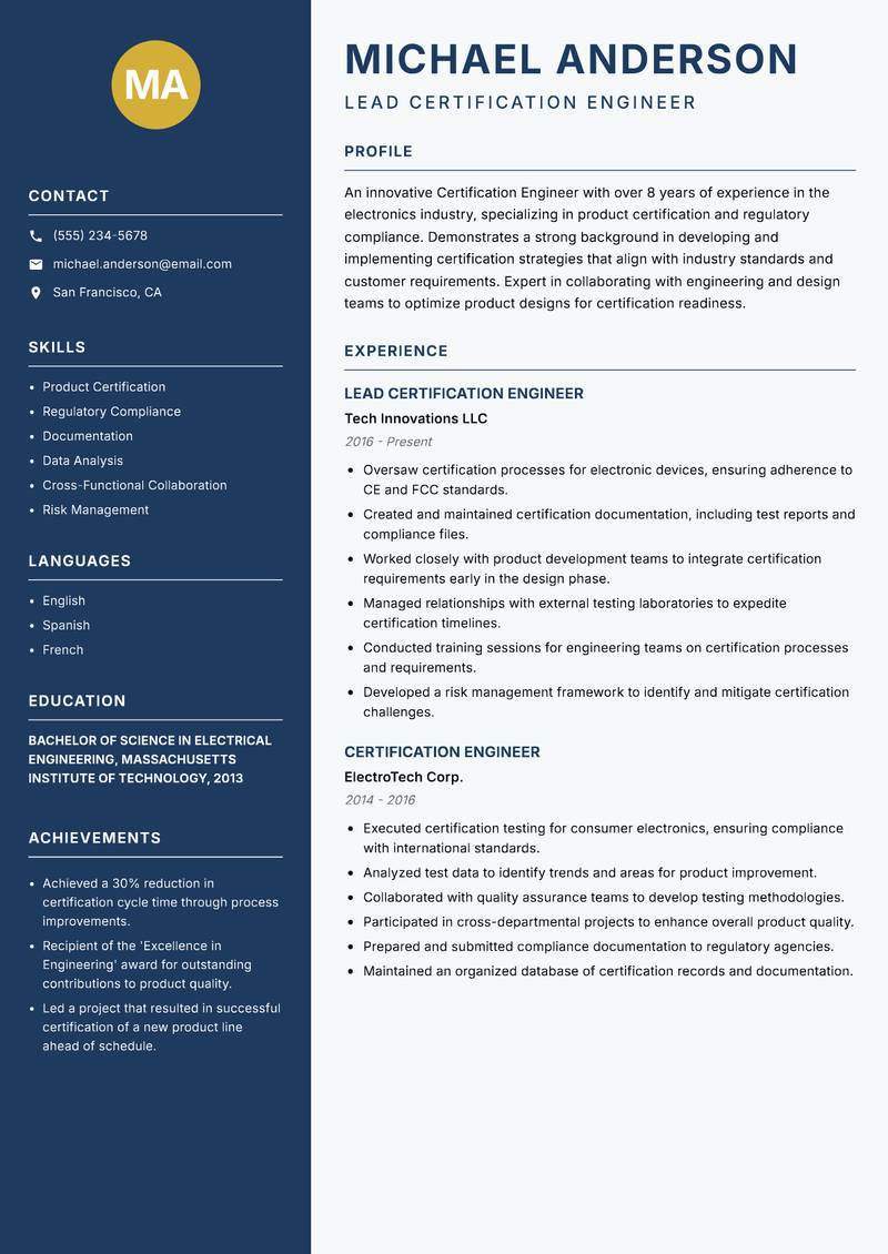 Certification Engineer Resume Preview Example