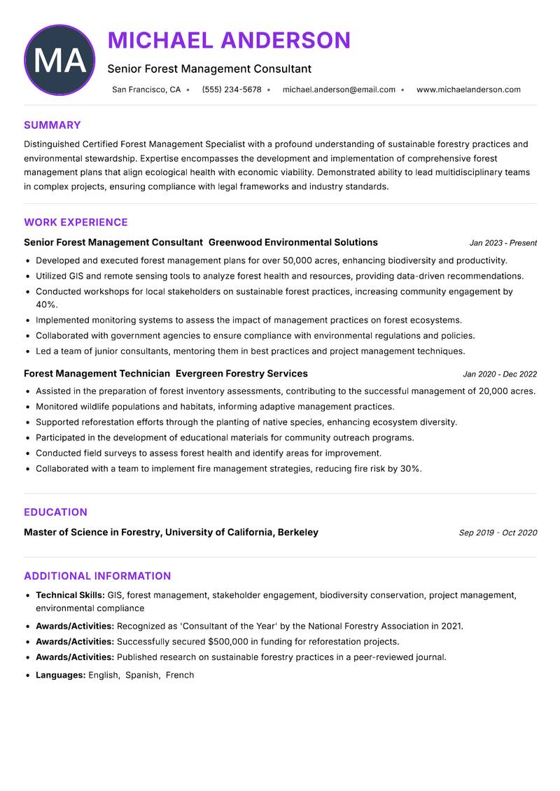 Certified Forest Management Specialist Resume Preview Example