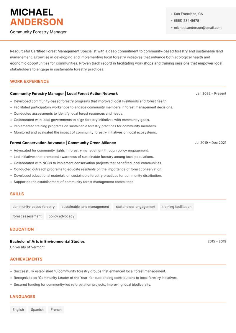 Certified Forest Management Specialist Resume Template