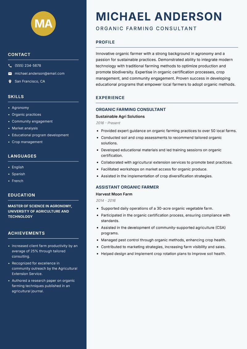 Certified Organic Farmer Resume Preview Example