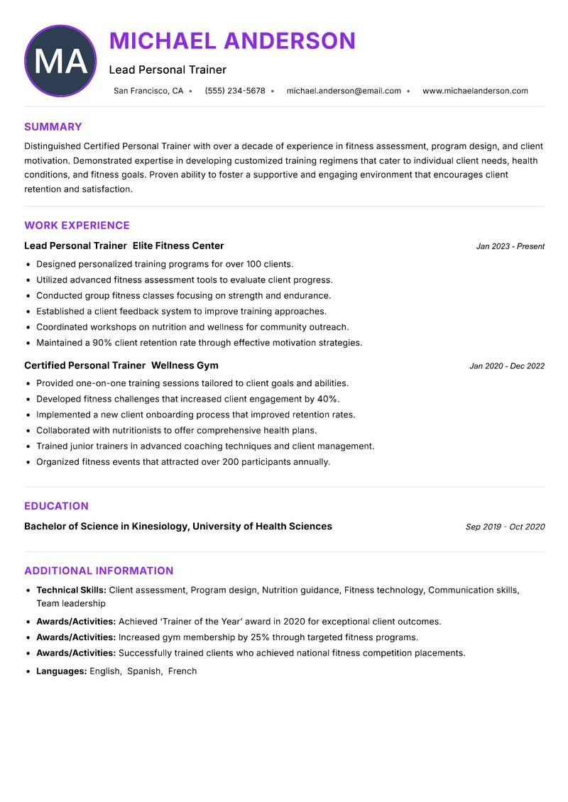Certified Personal Trainer Resume Preview Example
