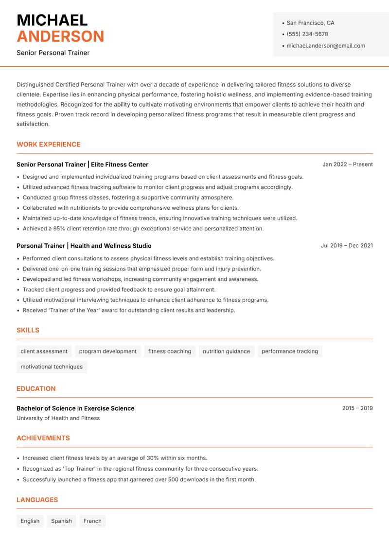 Certified Personal Trainer Resume Template